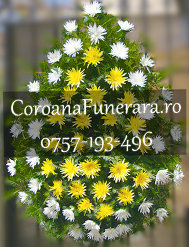 coroana funerara crizanteme albe si galbene